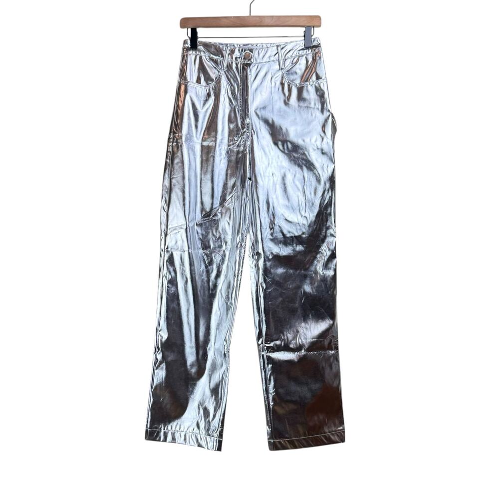 AMYLYNN NWT Womens Lupe Silvery Metallic Straight Leg High Rise Trouser Pants
